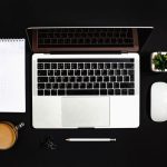 top view desk with office supplies