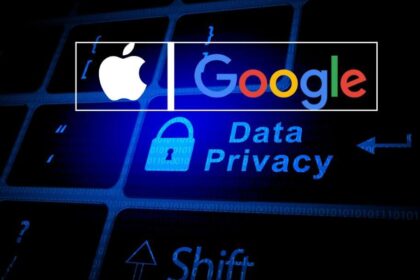 Logos Apple et Google avec une icône de cadenas et le texte protection des données