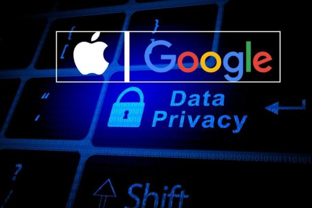 Logos Apple et Google avec une icône de cadenas et le texte protection des données