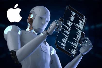 Robot tenant une tablette avec le logo Apple en arrière-plan.