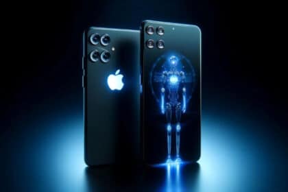 Deux iPhones noirs avec une image d'un robot lumineux reflétée à l'arrière, illustrant l'intégration de l'IA.