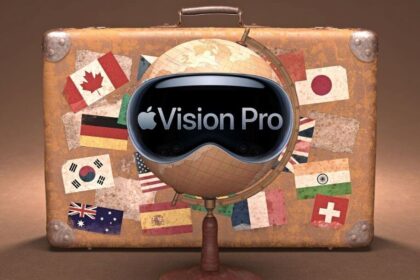 Un globe terrestre portant des lunettes Apple Vision Pro devant une valise avec des drapeaux internationaux.