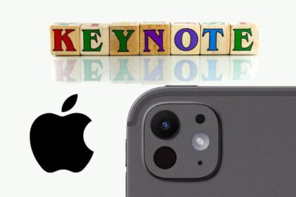 Blocs de lettres formant le mot "KEYNOTE" à côté d'un logo Apple