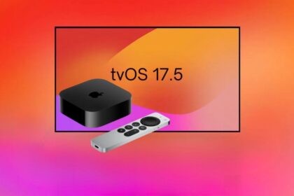 Apple TV et télécommande avec le texte tvOS 17.5 sur un fond coloré.