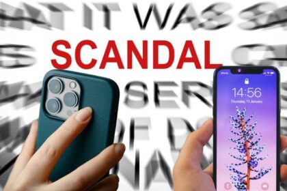 Deux smartphones avec le mot scandale en arrière-plan