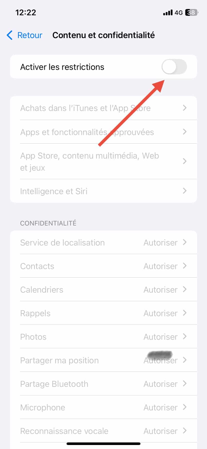 Le menu peut être grisé, c’est le cas si les restrictions sont activées.