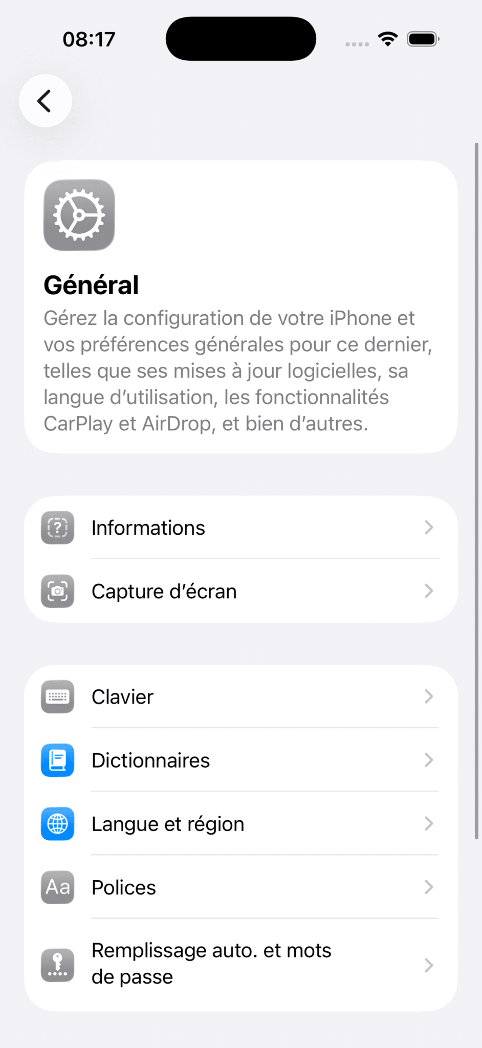 Réglages Général iPhone iOS 26
