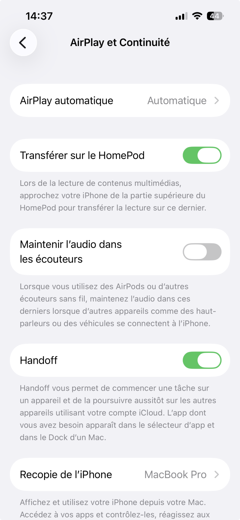 AirPlay et Continuité - Toggle Handoff activé sur iPhone