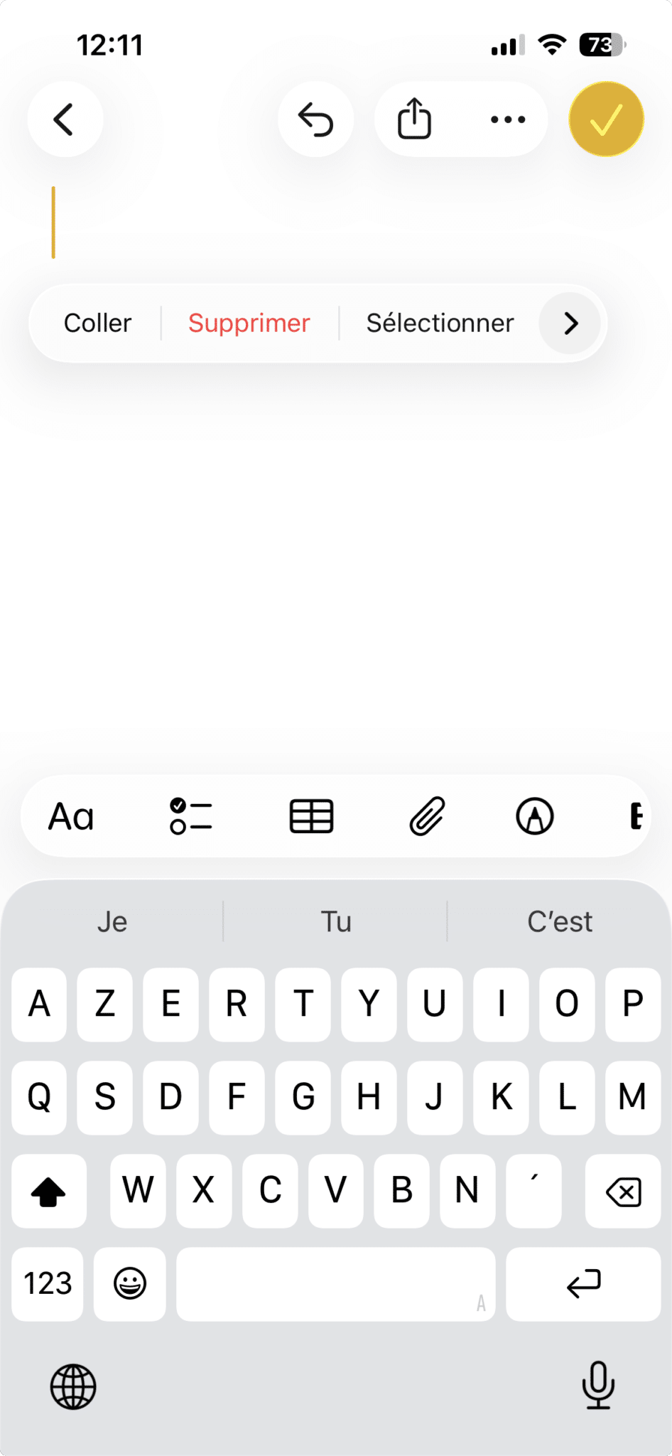 Menu contextuel Couper Copier Coller dans Notes iPhone