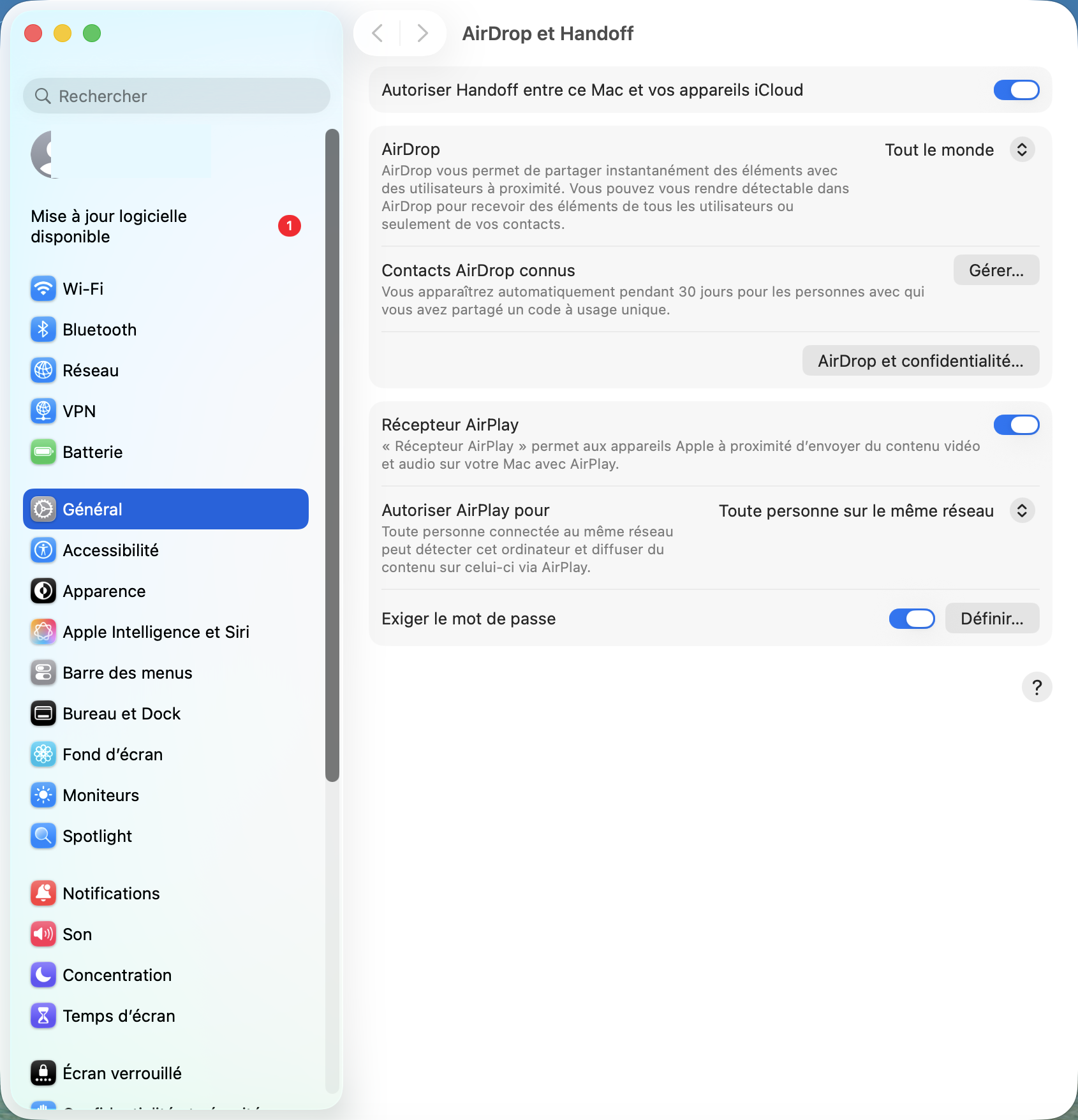 Réglages Mac - AirDrop et Handoff