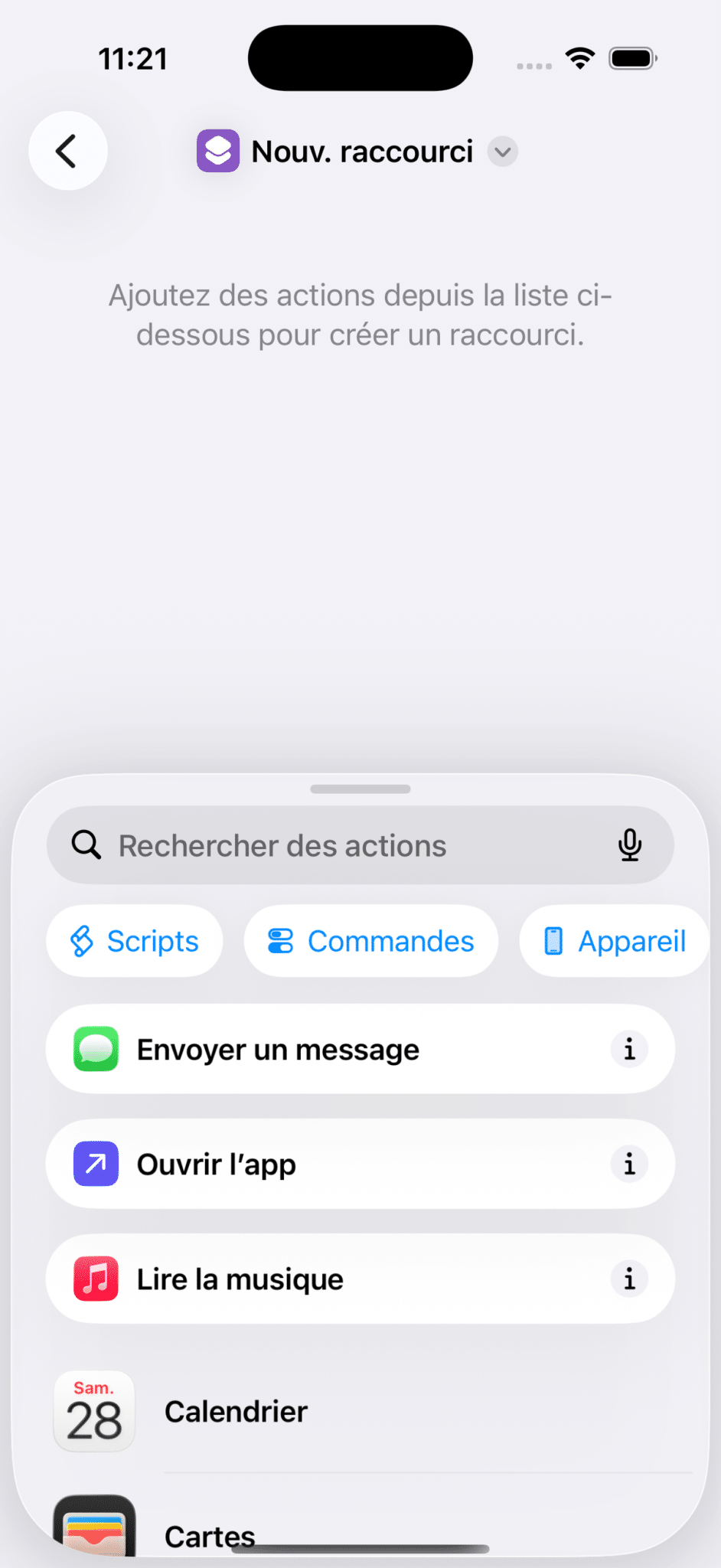 Éditeur de nouveau raccourci iOS 26