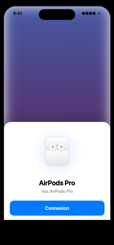 Illustration de l'écran de configuration AirPods sur iPhone avec bouton Connexion