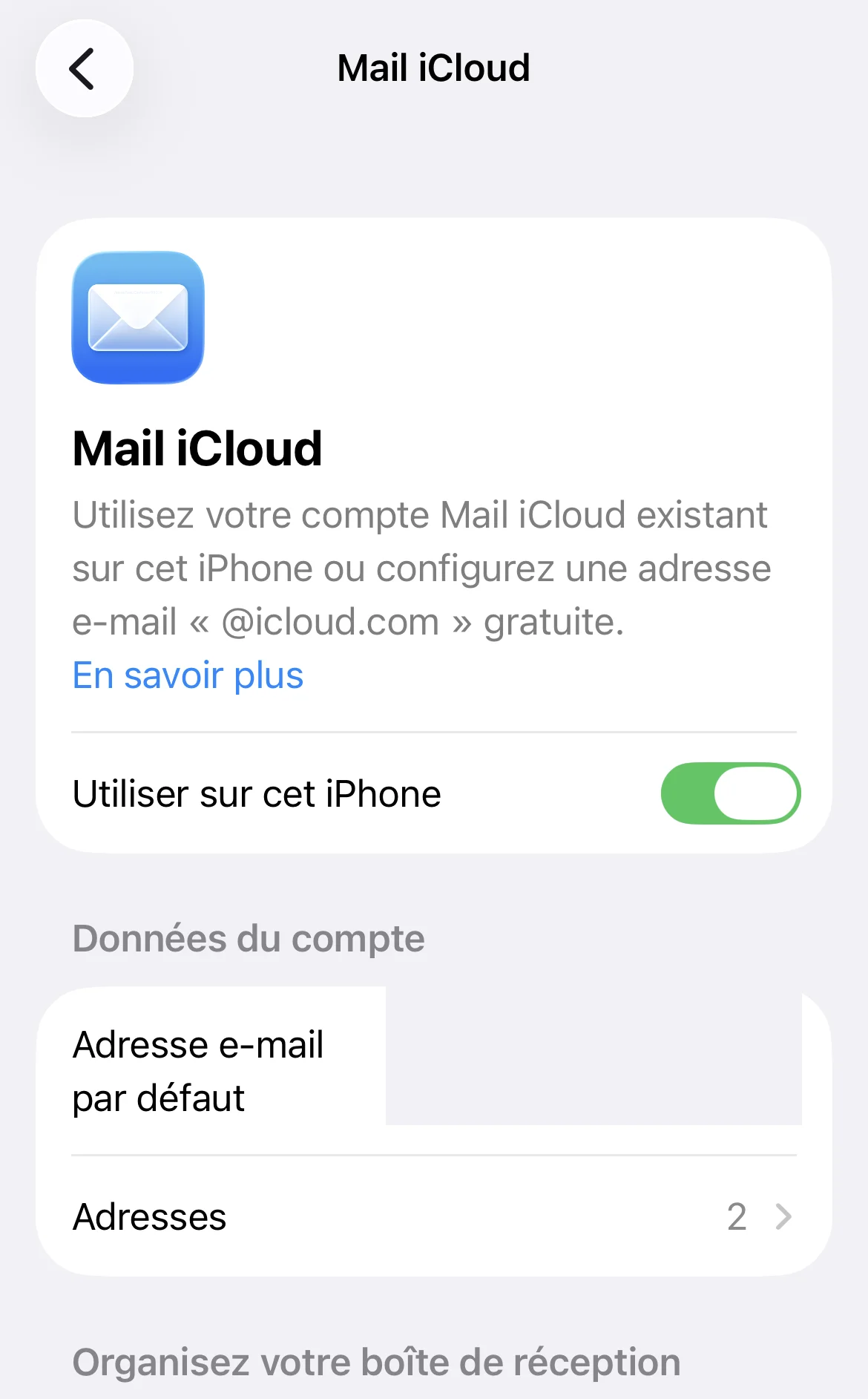 Activer Mail iCloud sur iPhone — toggle Utiliser sur cet iPhone