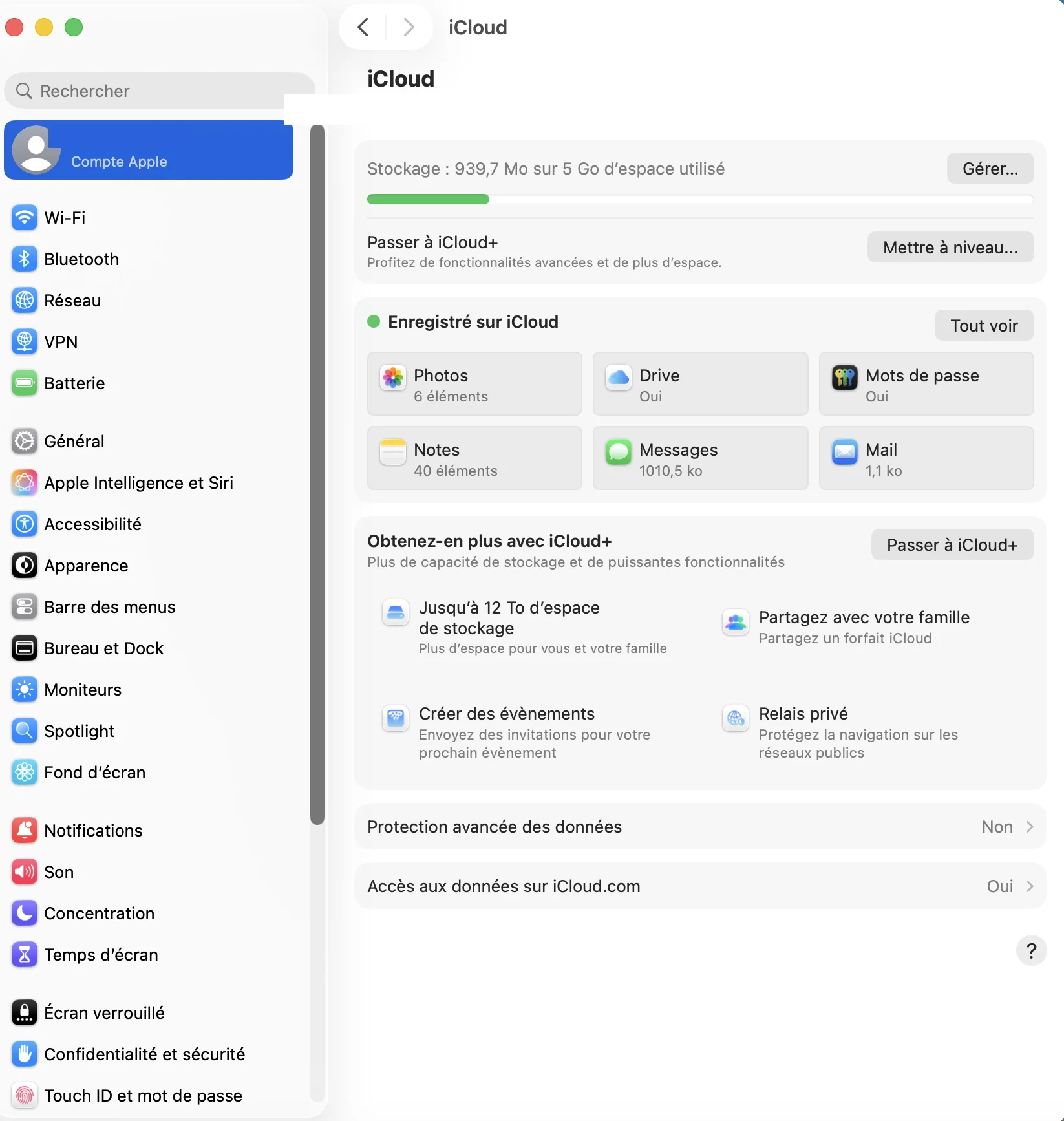 Réglages iCloud sur Mac — section Mail activée