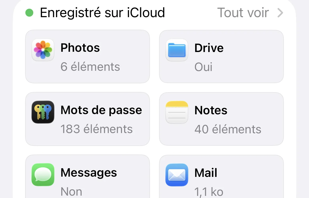 Réglages iCloud iPhone — trouver Mail dans Enregistré sur iCloud
