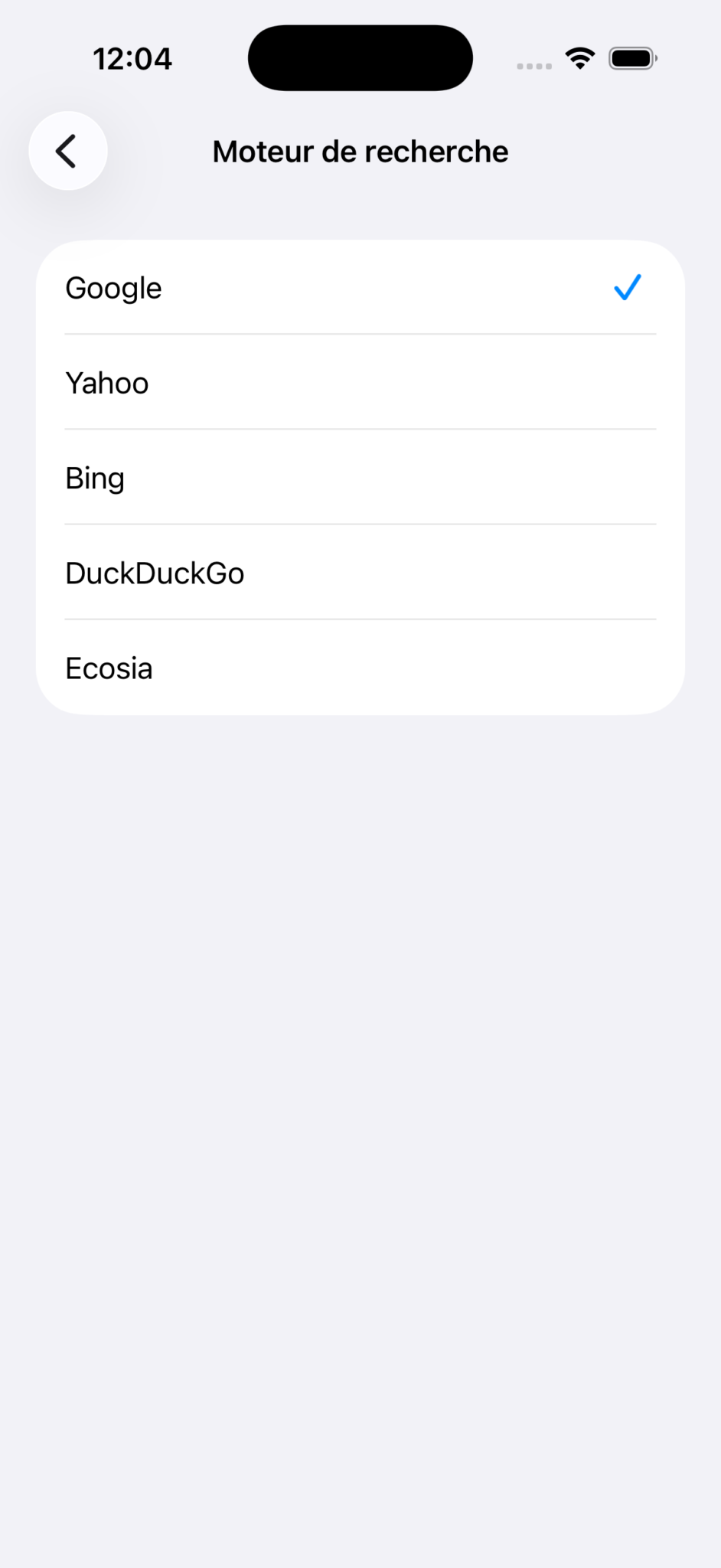 Écran de sélection du moteur de recherche dans les réglages Safari sur iPhone montrant Google, Yahoo, Bing, DuckDuckGo et Ecosia