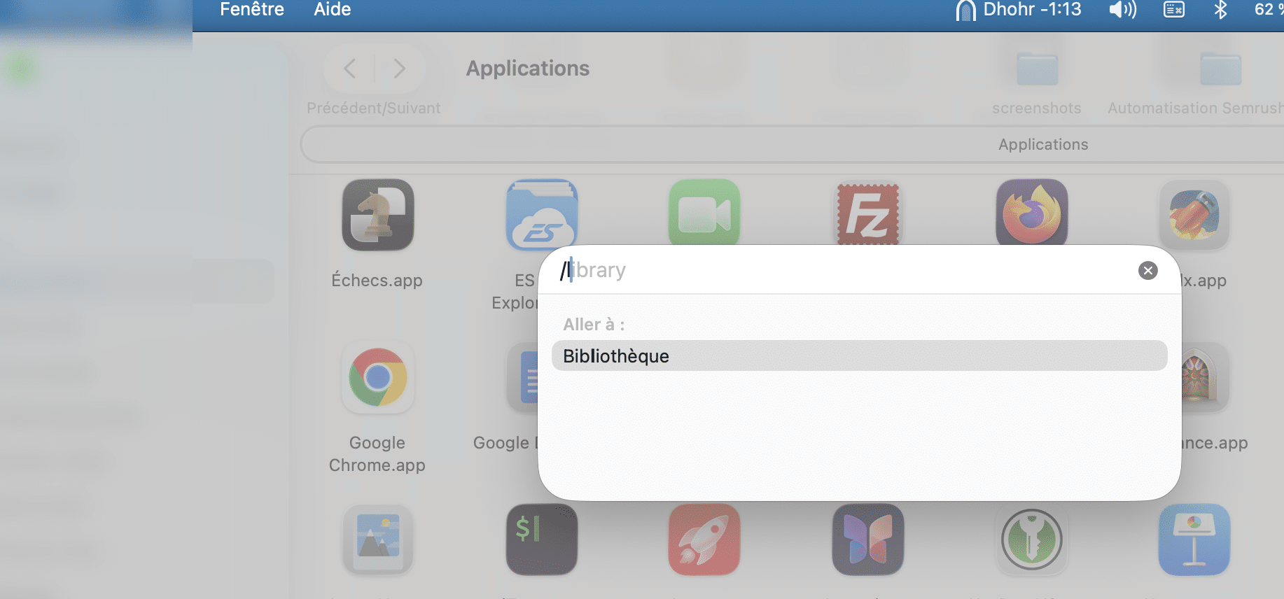 aller au dossier library mac