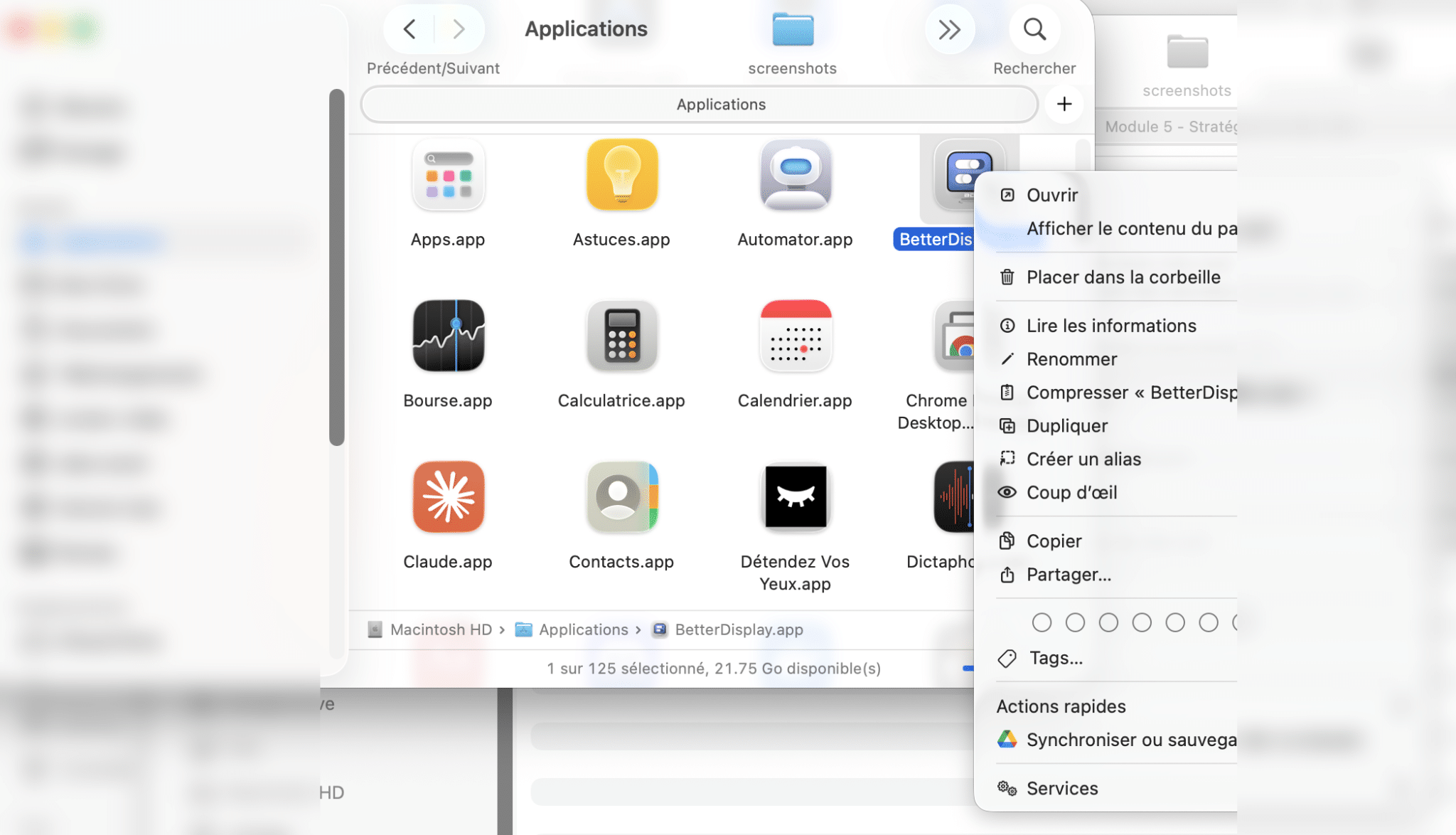 clic droit placer dans la corbeille mac