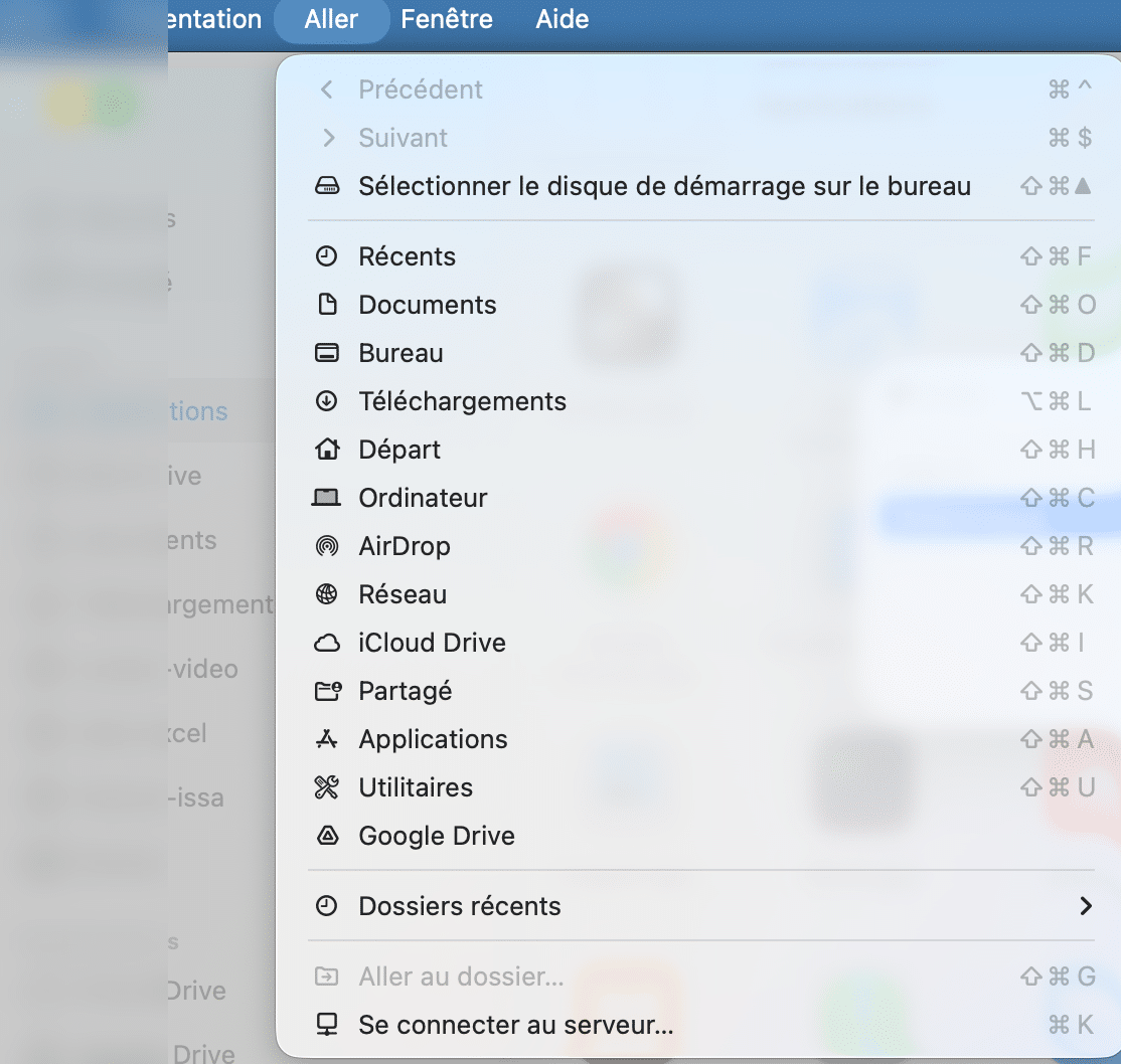 menu aller au dossier finder mac