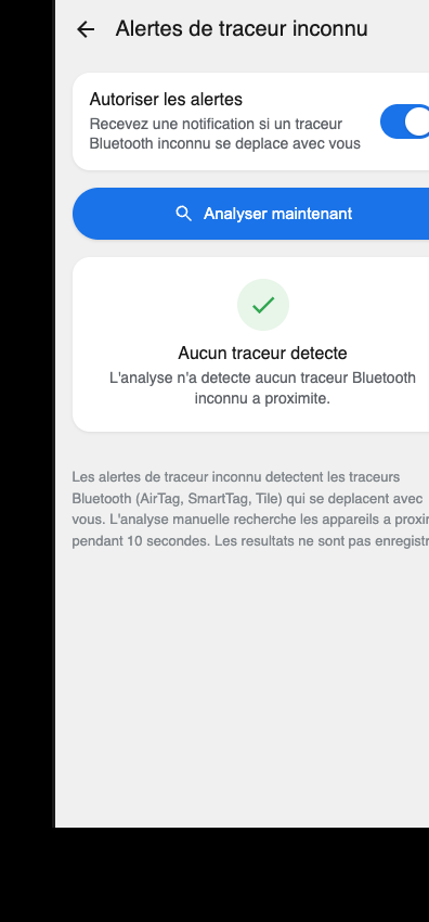 Écran Android Alertes de traceur inconnu avec toggle activé et notification de traceur détecté