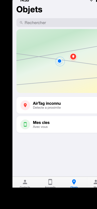 Application Localiser sur iPhone montrant l'onglet Objets avec un AirTag inconnu détecté à proximité