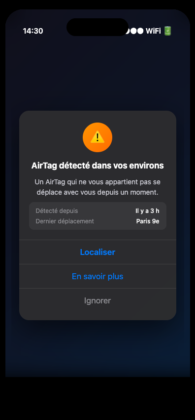 Notification anti-pistage AirTag sur iPhone - alerte automatique pour un AirTag inconnu détecté à proximité