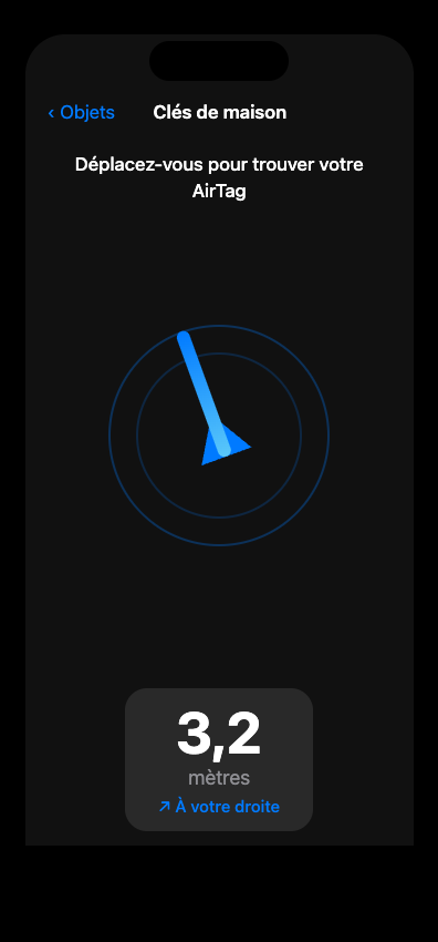 Illustration de la Détection de précision AirTag sur iPhone avec flèche directionnelle et distance en mètres