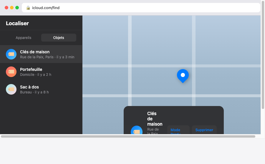 Illustration de l'interface iCloud.com Localiser sur navigateur PC avec la carte et un AirTag sélectionné