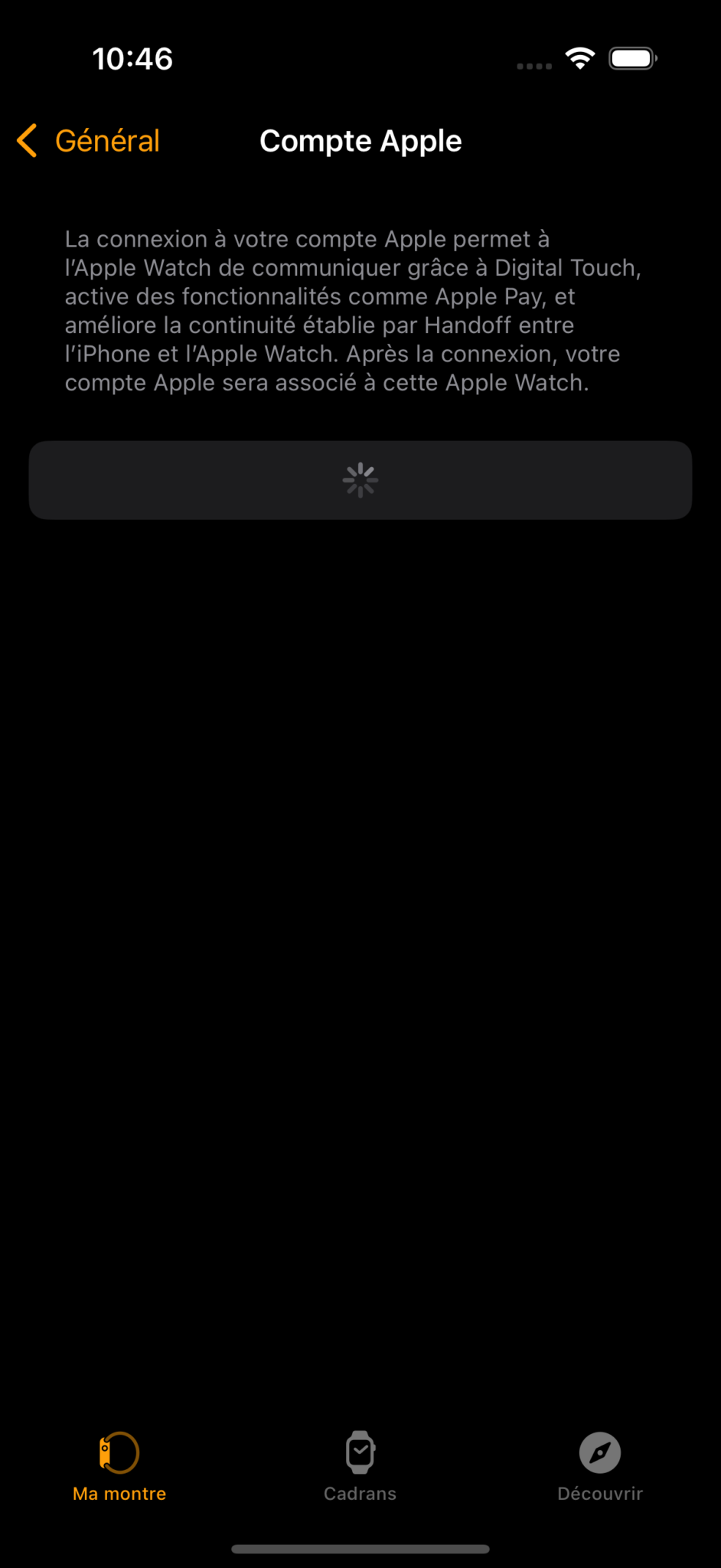 Écran Compte Apple dans l'app Apple Watch sur iPhone - connexion pour Apple Pay, Digital Touch et Handoff