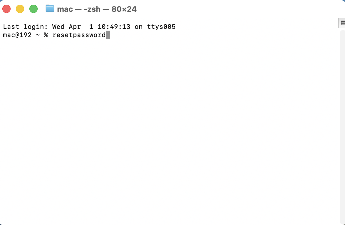Terminal macOS en mode récupération avec commande resetpassword - mot de passe MacBook oublié