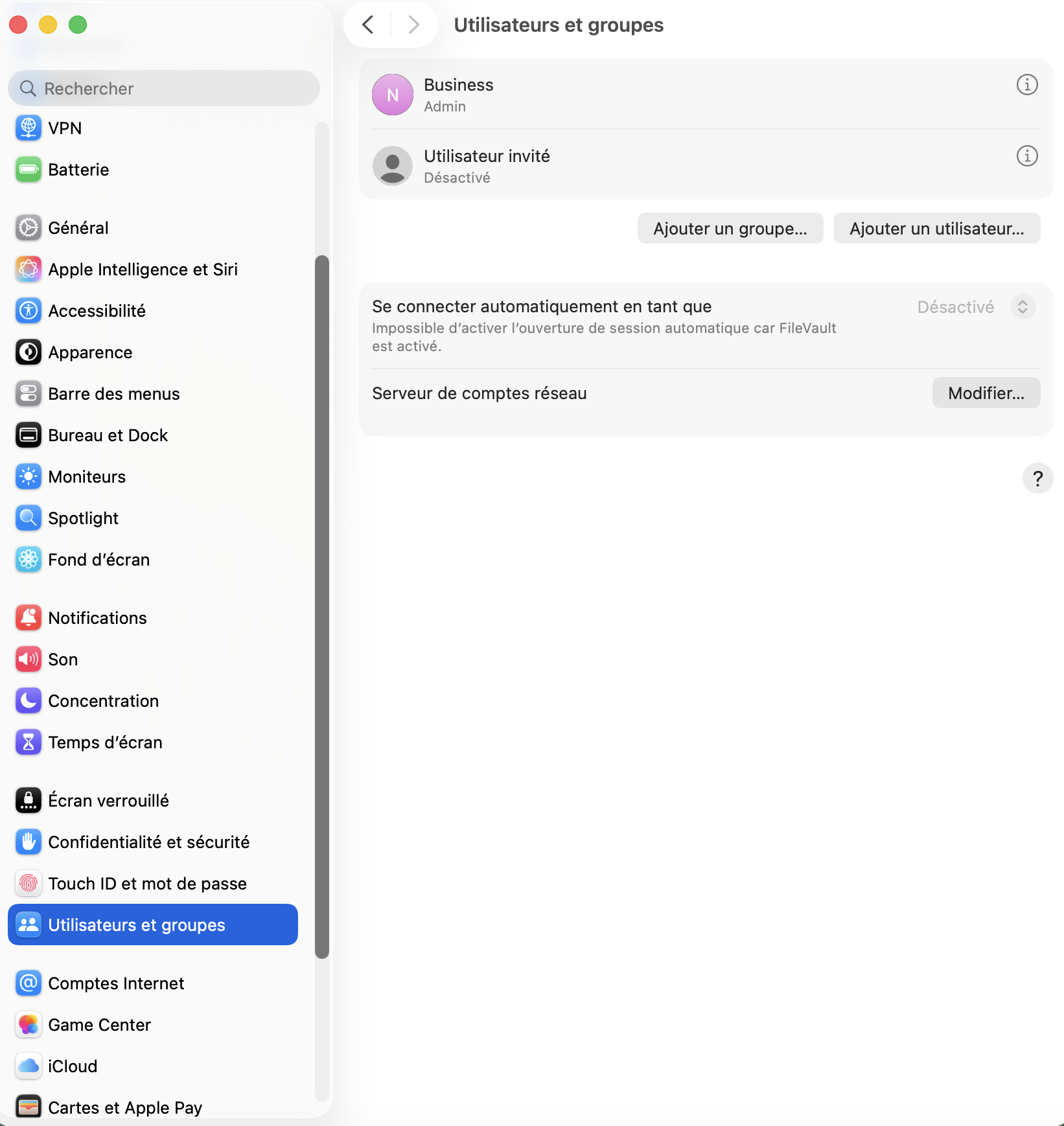 Réglages Système Utilisateurs et groupes macOS Sequoia - réinitialiser mot de passe Mac