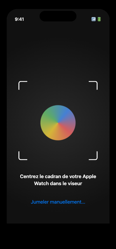 iPhone affichant le viseur de l'appareil photo avec l'animation de jumelage Apple Watch au centre