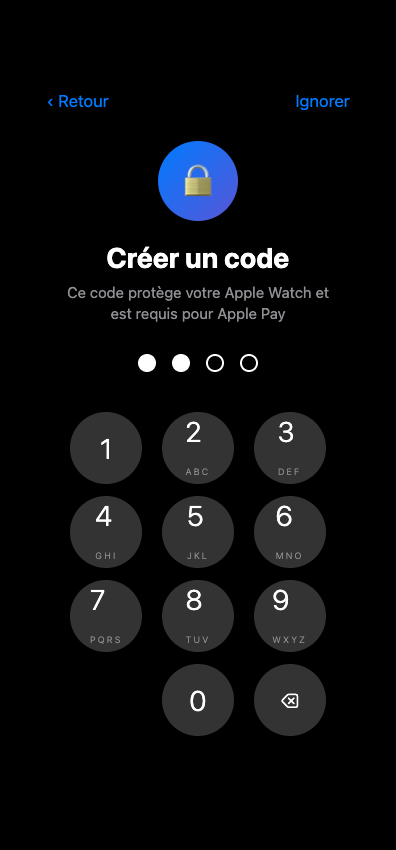 iPhone affichant l’écran de création de code d’accès Apple Watch avec clavier numérique