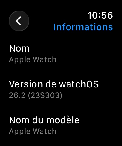 Apple Watch Réglages Général Informations - Version de watchOS 26.2 affichée sur l'écran de la montre