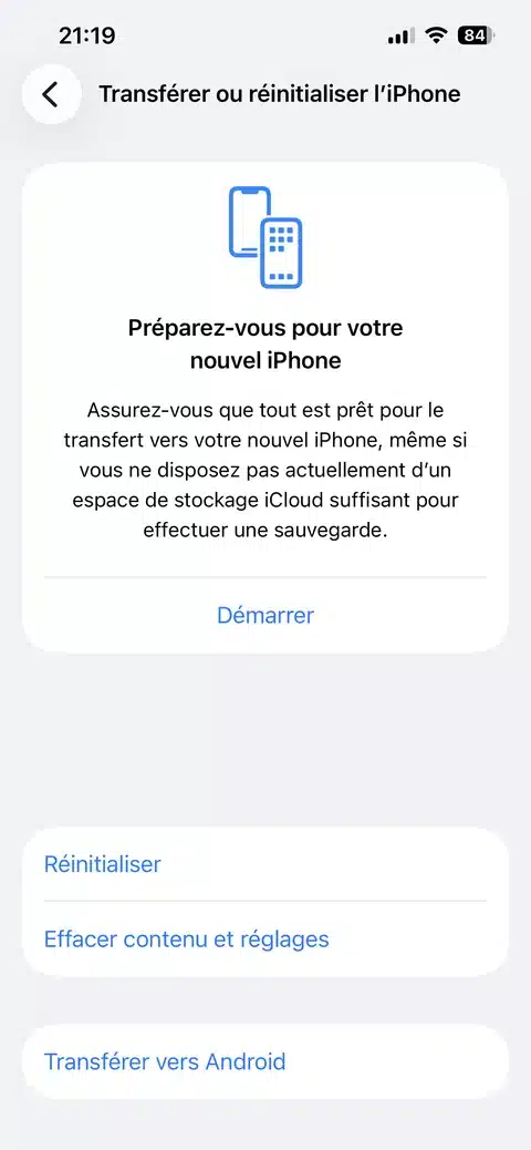 transferer ou reinitialiser iPhone effacer contenu et reglages