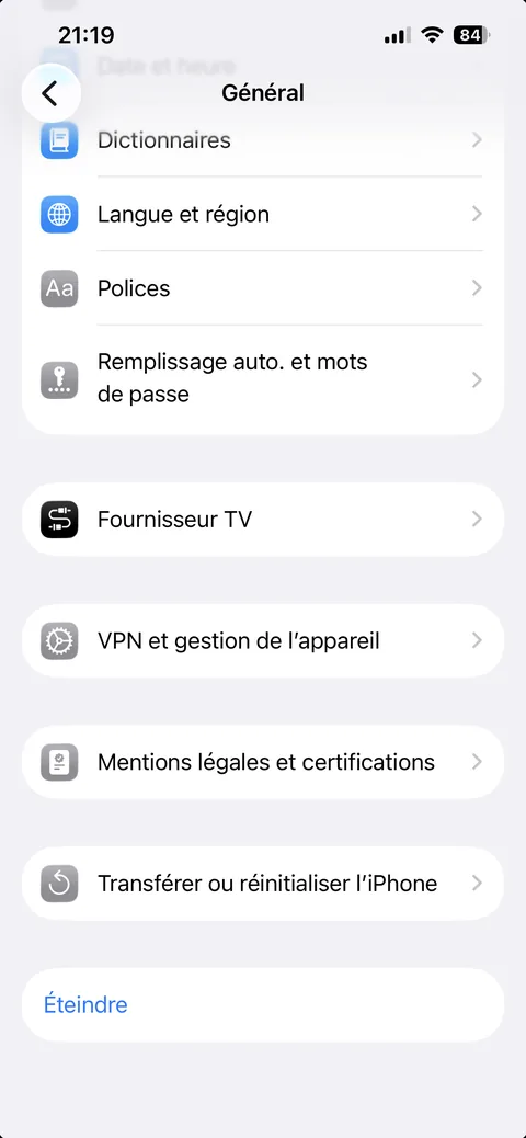 reglages general iPhone transferer ou reinitialiser