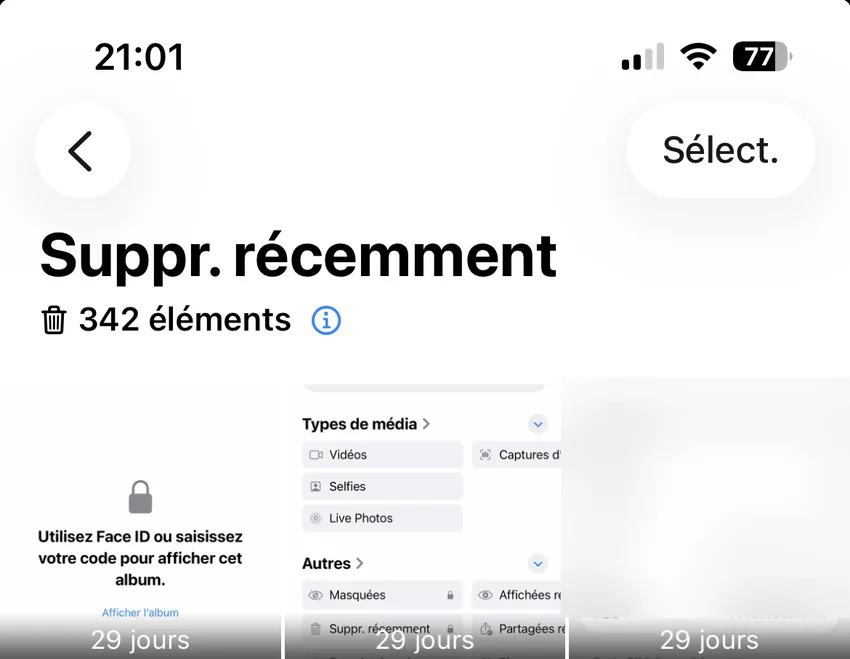 album supprimés récemment iPhone délai 30 jours